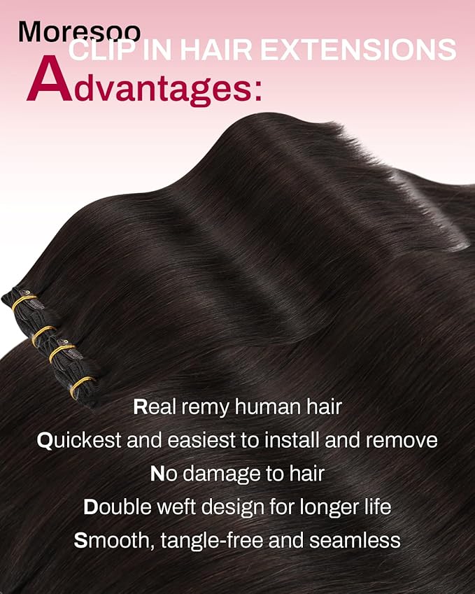Moresoo Dark Brown Hair Extensions Clip ins Short Double Weft Clip in Extensions Real Human Hair Brown for Women Straight 80g/5pcs 12 inch