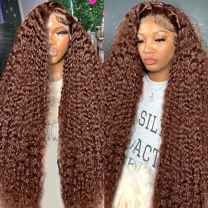 250% Density 32 Inch Mongolian Deep Lace Front Wigs Human Hair 13x6 Auburn Brown HD Transparent Lace Front Wigs for Women With Baby Hair Chocolate Curly Lace Front Wigs