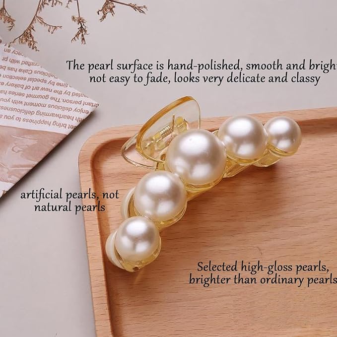 Hair Clips for Women, Large Pearl Hair Claw Clip Set Strong Hold No Slip, Banana Jaw Clip Barrettes, Hair Accessories Birthday Wedding Valentine's Day Gift for Girl Wife Styling Thick Thin (4 PCS)