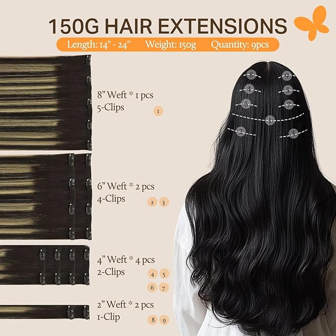 DOORES Clip-in Hair Extensions Real Human Hair, Balayage Natural Black to Light Blonde 18 Inch 150g 9pcs, Clip-in Extensions Human Hair Natural Thick