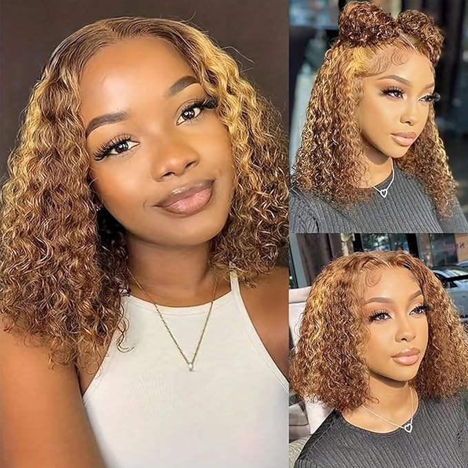 Highlight Ombre 13x6 Lace Front Wig Human Hair 210 Density 12 Inch Deep Wave Honey Blonde Glueless HD Transparent Lace Frontal Wigs for Women
