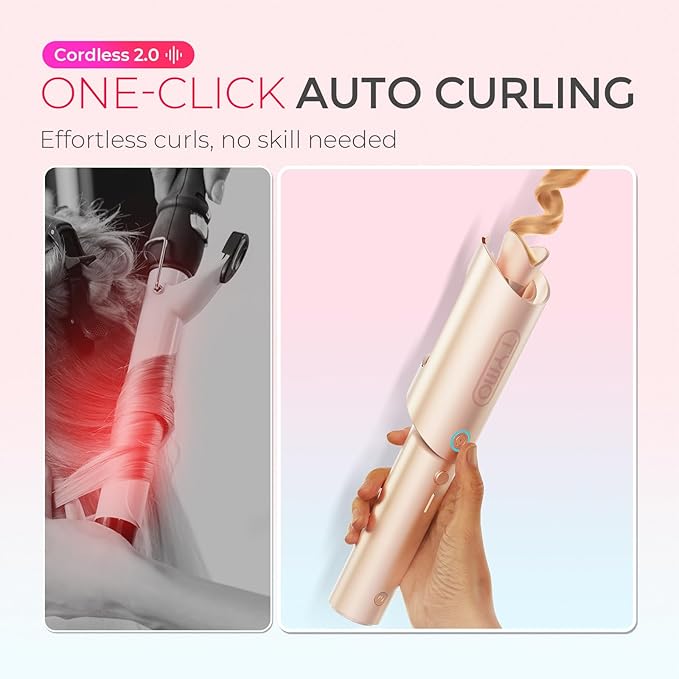 TYMO Cordless Automatic Curling Iron - TYMO CurlGo 1 Inch Beach Waves Rotating Curling Wand, Portable Hair Curlers for Travel, Dual Voltage & Rechargeable Curler for Women, Tangle-Free, Gold Blush