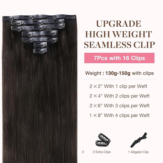 GOO GOO Clip in Hair Extensions Real Human Hair, Remy Human Hair Extensions Clip ins for Women, Natural Human Hair, 24inch 160g 7Pcs, 2 Dark Brown