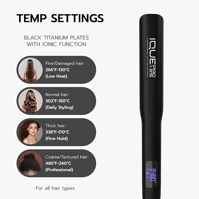 iQUE 1.25” Titanium Plates Hair Straightener & Curler 2-in-1 – Fast Heat-Up Flat Iron with Ionic Technology, Floating Plates, LCD Display, Adjustable Temp to 480°F, Dual Voltage for All Hair Types