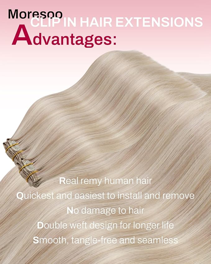 Moresoo Blonde Highlight Clip in Hair Extensions Human Hair Ash Blonde with Bleach Blond Remy Real Human Hair Extensions Clip ins Short for Women Double Weft 80g/5pcs 14 inch