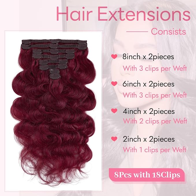 Clip in Hair Extensions Real Human Hair Body Wave 99J Burgundy Clip in 100% Brazilian Remy Human Hair Extensions 8pcs Per Set with 18 Clips Double Weft 16 Inch 90g/3.6oz