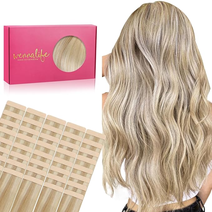WENNALIFE Tape in Hair Extensions Human Hair, 40pcs 100g 22 inch Dirty Blonde Highlighted Bleach Blonde Hair Extensions Real Human Hair Straight Tape in Extensions Invisible Human Hair Extensions