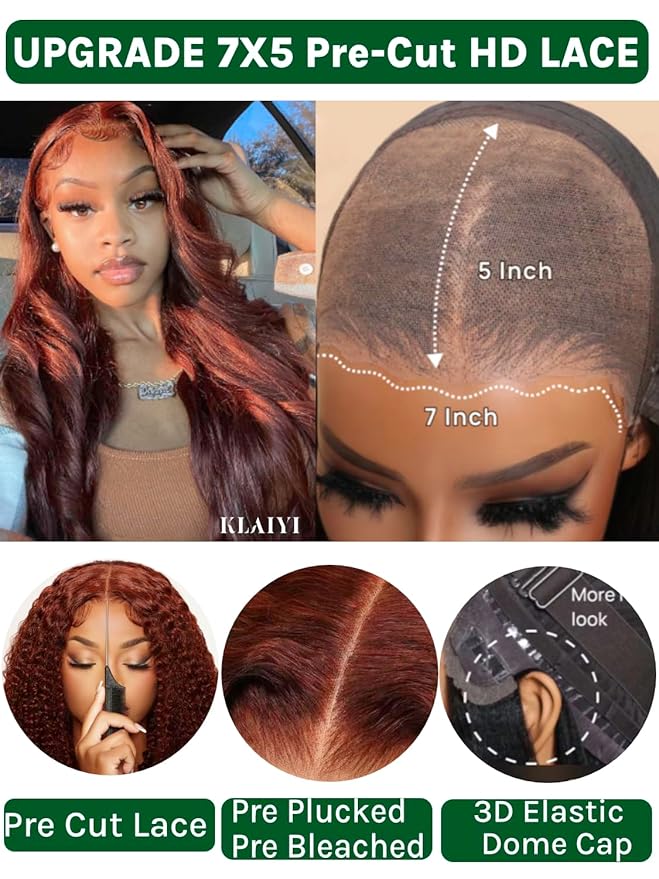 KLAIYI Bye Bye Knots Glueless Wig Reddish Brown Body Wave 7x5 Pre Cut HD Lace Front Wigs Human Hair Put On And Go Wig Pre Bleached Pre Plucked with Baby Hair 30S Ready To Wear 150% Density Full 14Inch