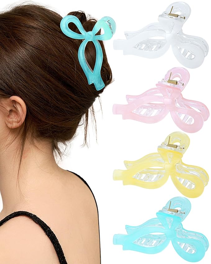 Mesovor 4 Pack Bow Hair Claw Clips for Women, Nonslip 4.3" Large Hair Grip Clawclips for Thin and Thick | Bowknot Hair Strong Hold Hair Jaw Clamps Gifts (Pink, Yellow, Blue, Off-white)