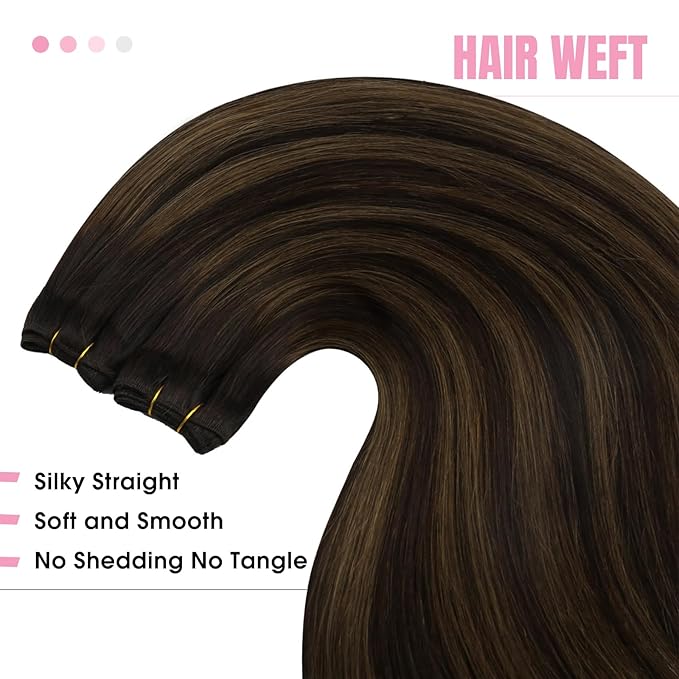 YoungSee Human Hair Sew in Extensions Brown Balayage Real Human Hair Weft Extensions Darkest with Medium Brown Balayage Sew in Hair Extensions Long Straight Hair 100G 22Inch
