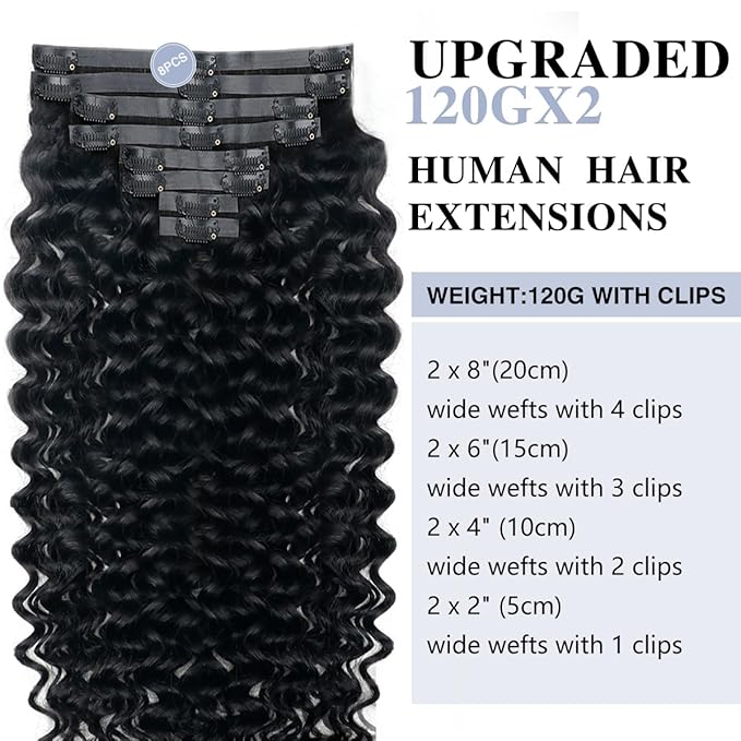 Deep Wave Clip in Hair Extensions Real Human Hair 2 Pack 240g Seamless Clip in Hair Extensions for Women Full Max with 16Pcs PU Thin Weft 22inch Natural Black