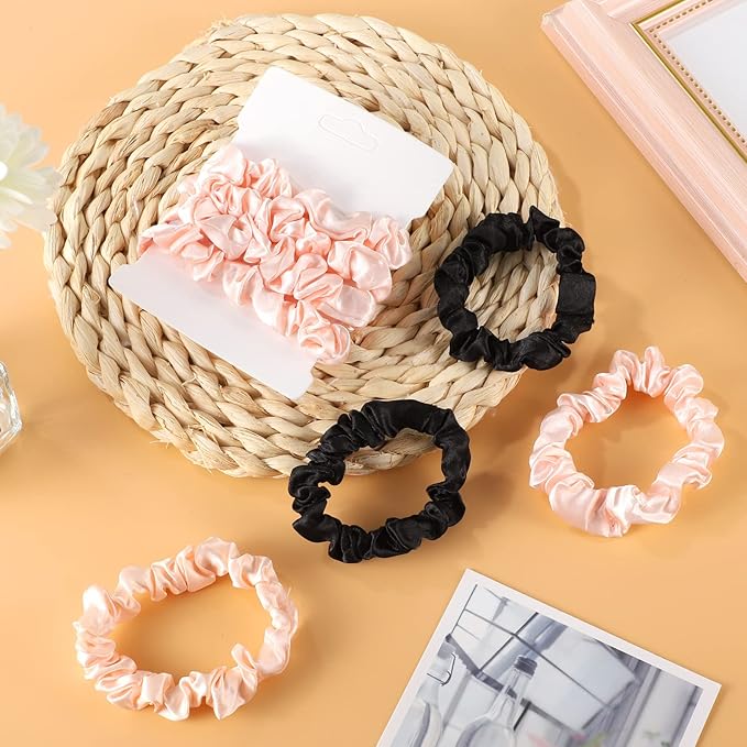 12Pcs Satin Elastic Hair Scrunchies, Silk Satin Hair Ties Elastics Ponytail Holders for Women Girls Valentine's Day Gifts (Blush,Black)