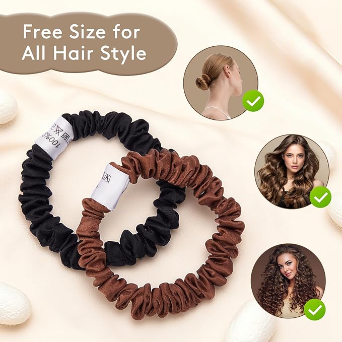 4 Pcs Silk Hair Ties, 22 Momme 100% Mulberry Hair Band, Silk Scrunchies for Women and Girls, 6A Grade No Damage Ponytail Holders (0.4in Width, Brown)