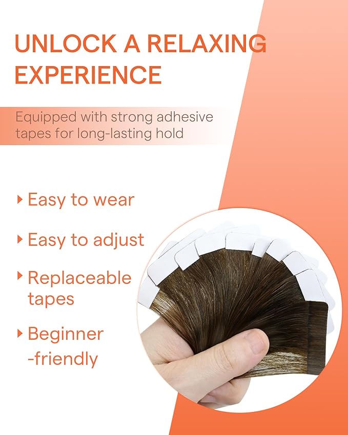 Sunny Hair Tape in Hair Extensions Real Human Hair Invisible Remy Hair Extensions Tape ins for Women Dark Brown Ombre Caramel Blonde Balayage 18 inch 25G