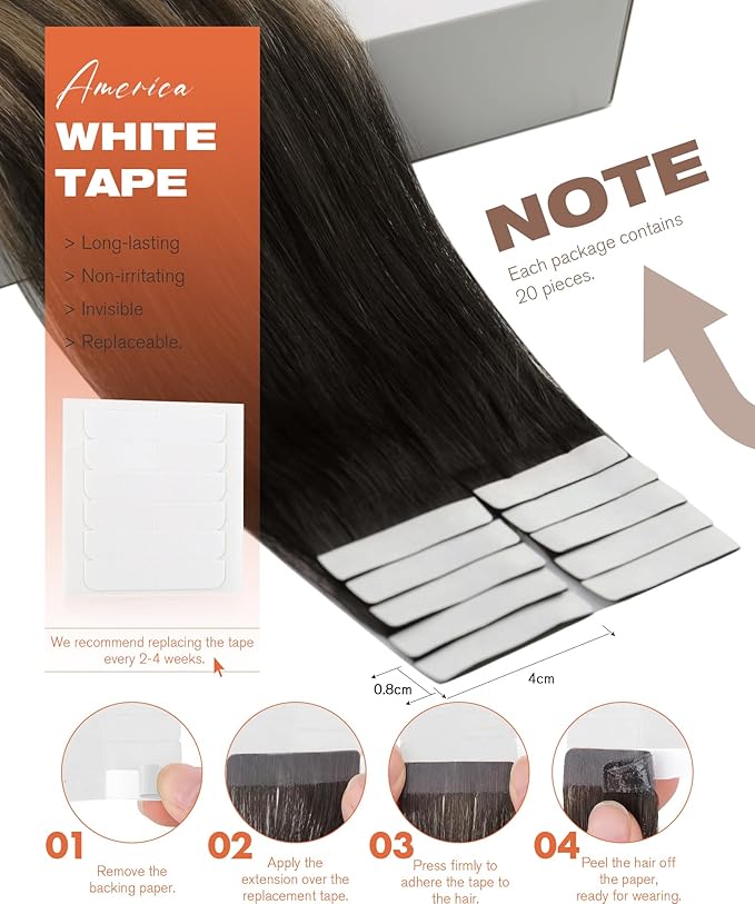 Sunny Hair Tape in Hair Extensions Real Human Hair Invisible Remy Hair Extensions Tape ins for Women Natural Black Ombre Dark Brown Balayage Ash Blonde 18 inch 20Pcs 50G