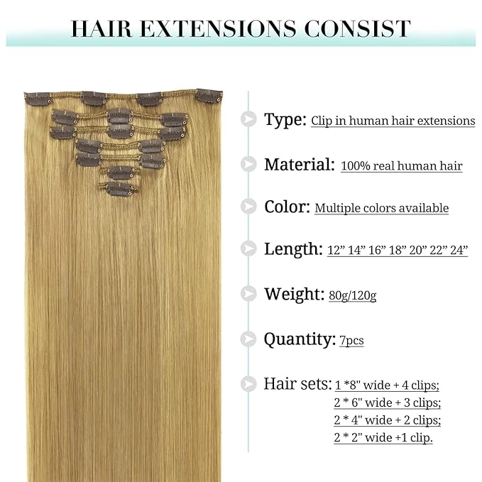 DOORES Clip in Human Hair Extensions, Dirty Blonde 12 Inch 7pcs 80g, Thick Silky Straight Hair