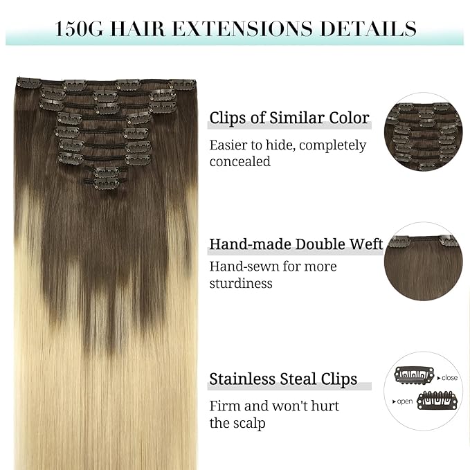 DOORES Hair Extensions Real Human Hair, Ash Brown to Platinum Blonde 150g 9pcs 18 Inch, Clip in Extensions Human Hair Natural Remy Clip in Hair Extensions Silky Straight Thick Human Hair Extensions