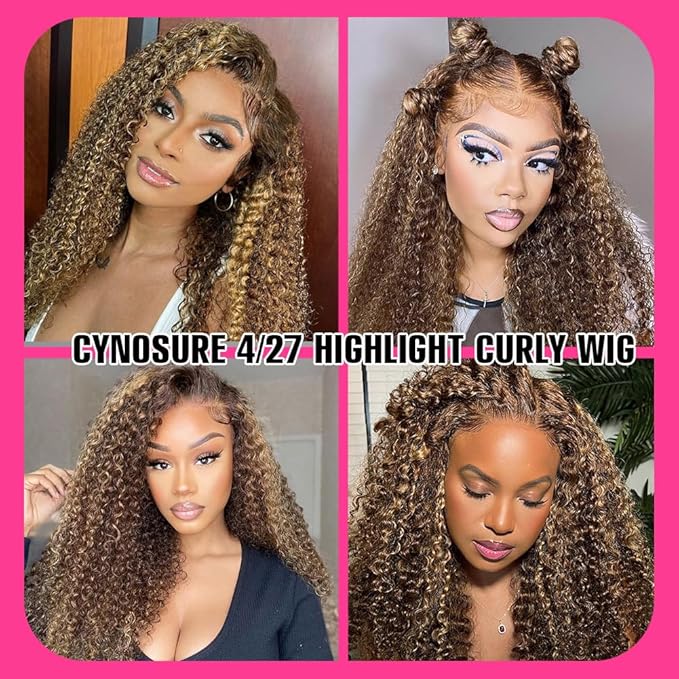 CYNOSURE Honey Blonde Ombre Lace Front Wig Human Hair 13x5 Highlight Deep Wave Curly Wig 4/27 Colored HD Transparent Lace Front Wigs Pre Plucked with Baby Hair 180% Density 24 Inch