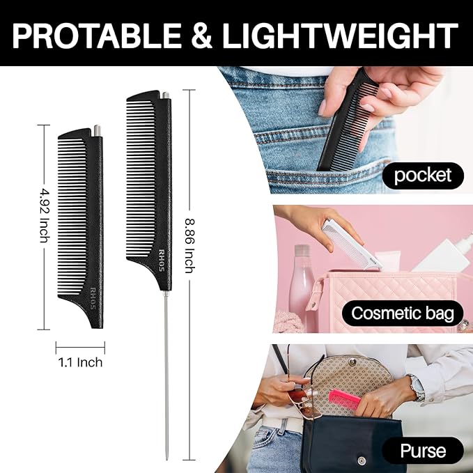 RHOS Carbon Retractable Rat Tail Comb for Parting and Styling, Hair Cutting and Braiding - Stainless Steel Pin Tail Comb, Black