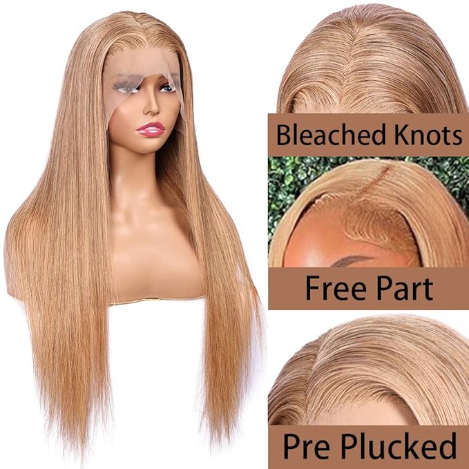 Honey Blonde Straight 13x4 Lace Front Human Hair Wigs with Baby Hair Pre Plucked Brazilian Virgin Hair Transparent HD Lace Frontal Wig for Black Women 180% Density 22 Inch