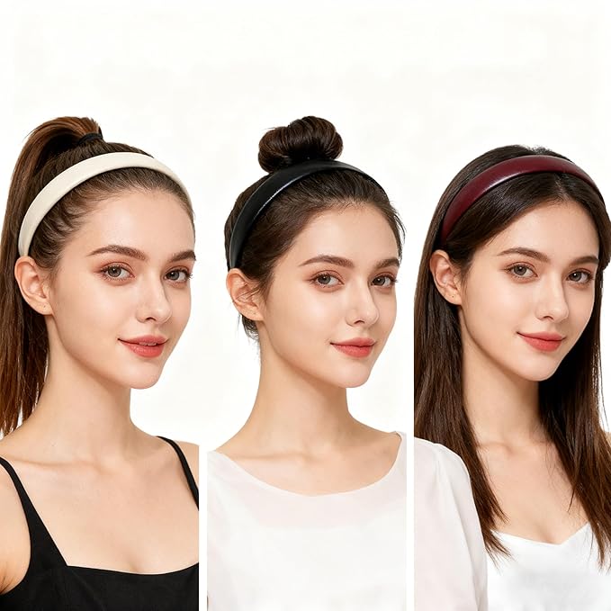 2-Piece Black & White Leather Headbands - Non-Slip Wide Padded Hair Accessories for Women, Cute Fashion DIY Hair Hoops