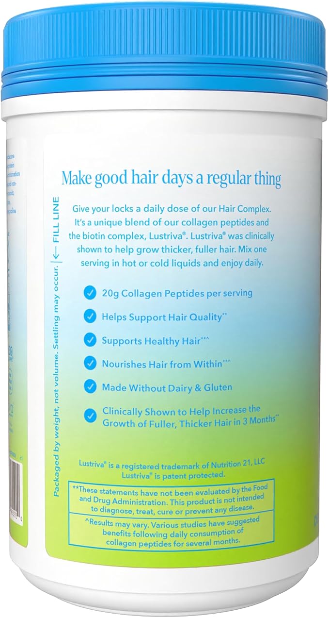 Vital Proteins Collagen Peptides + Biotin 10000mcg Hair Complex, Hair Growth Supplement - Clinically Studied Lustriva to Promote Thicker Fuller Hair, 20g Unflavored Collagen for Women 11.4oz Powder
