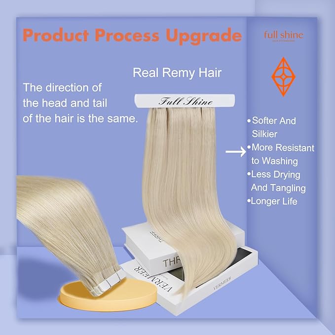 Full Shine Tape in Hair Extensions Real Human Hair 60 Platinum Blonde Tape Hair Extensions Real Human Hair 16 Inch Invisible Remy Human Hair Extension 50g Extensions Human Hair Natural 20 Pcs