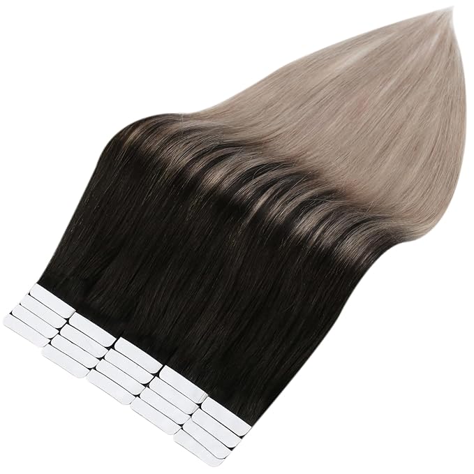 Full Shine Tape in Hair Extensions Human Hair Off Black Ombre Ash Blonde 12Inch Silky Straight Tape Extensions Balayage Real Human Hair Tape in Extensions Seamless Skin Weft 30G 20Pcs