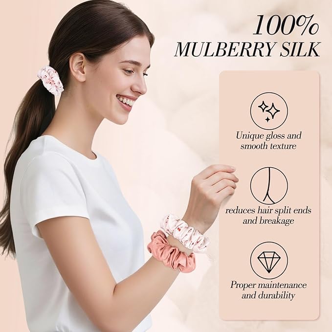 4Pcs Mulberry Silk Hair Scrunchies, Cherry Pink Silk Hair Ties for Hair Sleep Frizz Breakage Valentine's Galentines Day Gifts