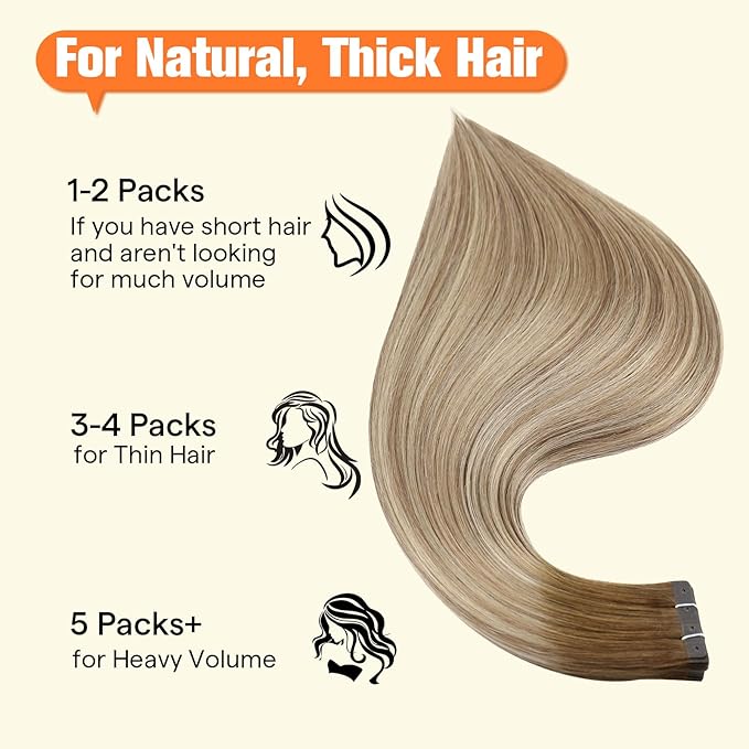 Full Shine Tape in Hair Extensions Human Hair Color 3 Dark Brown to 8 Ash Brown and 22 Blonde Invisible PU Hair Extensions 18Inch 50G 20PCS Glueless Invisible Tape in Extensions Seamless