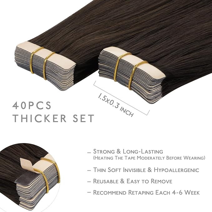 Wennalife Tape-in Hair Extensions, 40pcs 120g 26 inch Light Dark Brown Real Human Hair Straight Tape-in Extensions