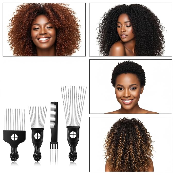 Sibba 4 Pack Metal Comb Afro Hair Pick Comb Set, Stainless Steel Wide Tooth Hair Picks for Natural Curly Coily, Fist Design Braid Styling Combs Afro Lift Picks Wig Detangler for Detangling Hairstyling