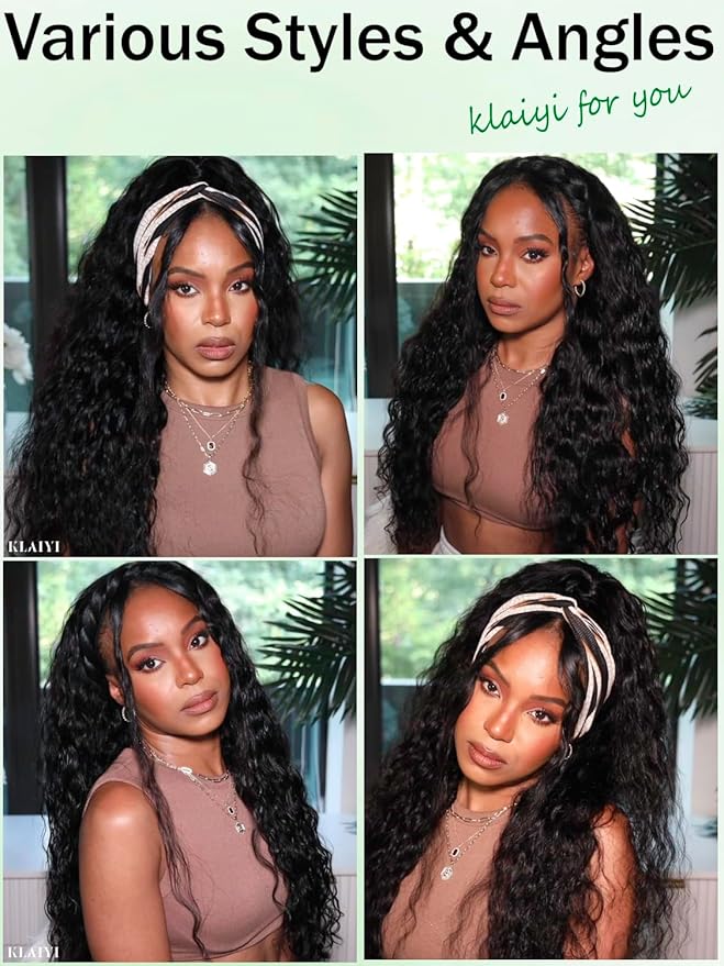 KLAIYI Water Wave 3 In 1 Flip Over 3/4 Half Wig Human Hair Curly Flip Over Seamless Blend Edges Glueless Wear and Go Drawstring Headband Clip In Wigs for Women Ready to Go Wig Beginner Friendly 16Inch