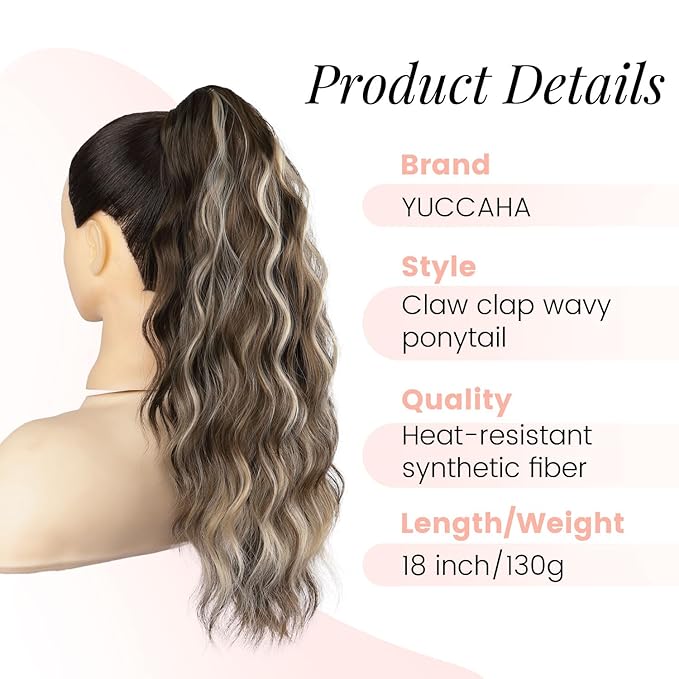 Claw Clip Ponytail Extension 18 Inch Curly Wavy Ponytail Extension Jaw Clip on Pony Tails Hairpiece for Women Fluffy Natural Synthetic for Daily Use (Chocolate Brown with Blonde Highlights)