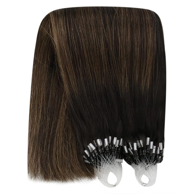 YoungSee Micro Link Hair Extensions Human Hair Brown Micro Bead Hair Extensions Real Human Hair Balayage Dark Brown with Browns Micro Human Hair Extension 16 Inch Ombre Microring Extension 50g 50s