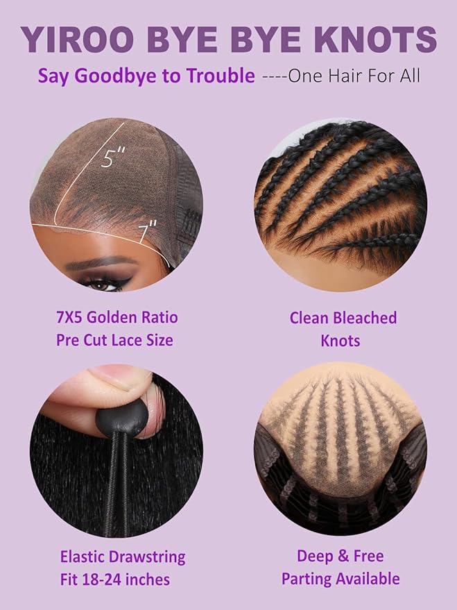 YIROO Bye Bye Knots Glueless Water Wave and Jerry Curly Drawstring Wig Human Hair, 7x5 Pre Cut Lace Front Glueless Wigs Pre Bleached Pre Plucked Wear and Go Wig for Women 150% Density 18Inch