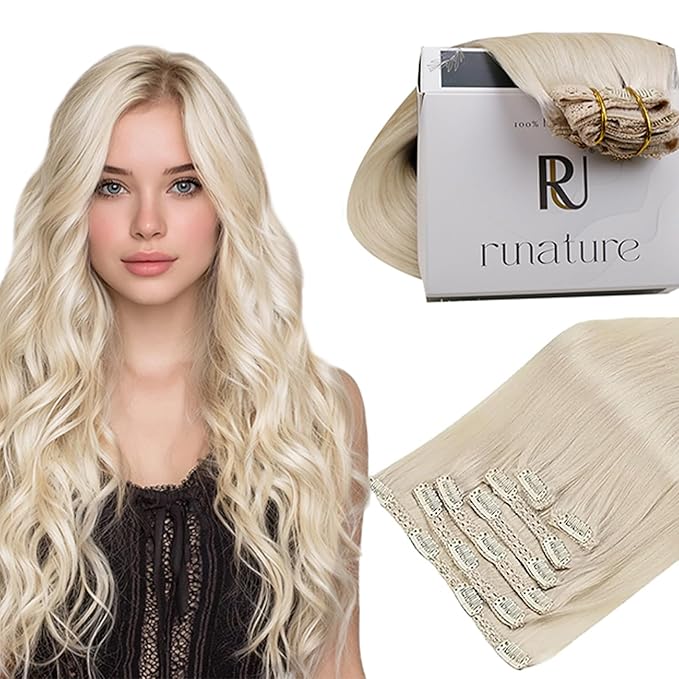 RUNATURE Clip in Hair Extensions Real Human Hair, Real Hair Extensions Clip in Human Hair for Women, Blonde Remy Natural Hair, 22 Inch 120g 7pcs, #800 Platinum Blonde