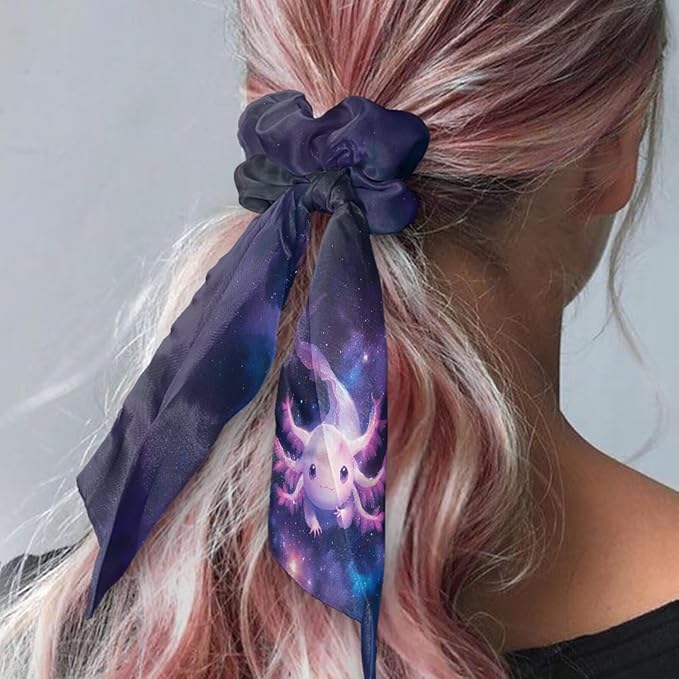 Axolotl Cute Hair Scrunchies with Ribbon Pack Of 2 Starry Sky Bow Scrunchy for Women Girls Trendy Knotted Bow No Damage Ponytail Holder Hair Band