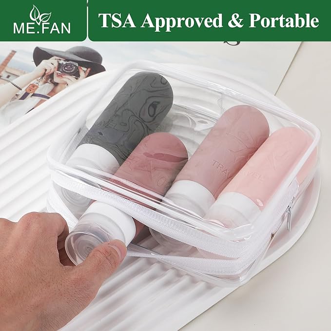ME.FAN Travel Bottles for Toiletries, TSA Approved 3oz Travel Size Containers, Silicone Squeezable Portable Split Bottle, Travel Accessories for Conditioner, Shampoo, Lotion- 4 Pack Black/White