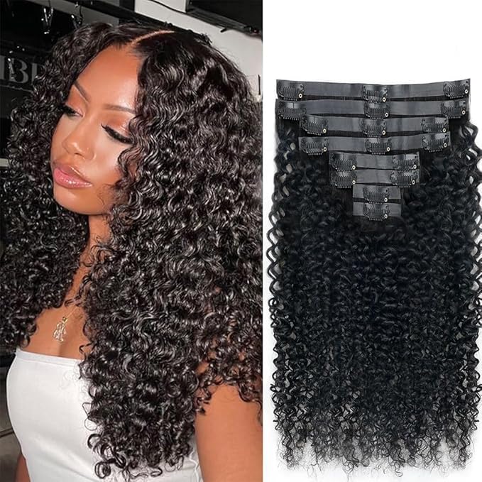 Seamless Curly Clip in Hair Extensions Real Human Hair Brazilian Virgin Human Hair Clip in Extensions 8Pcs Seamless Clip ins for Black Women with 18Clips PU Skin Weft 120g 18inch Natural Black