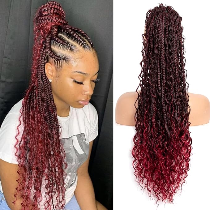 Drawstring Ponytail for Women 24 inch Boho Box Braids with Long Wavy Hair Clip in Ponytail Extension Synthetic Hair Extensions Ponytail for Daily Use (T1B/Bug#, 24 Inch)