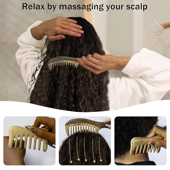 Hair Comb Wooden Wide Tooth Combs for Curly, 2 Pcs Detangling Natural Sandalwood Combs for Women and Men, Detangles Wet or Dry, Thin, Thick, Wavy or Straight Hair, Scalp Massager, Anti-static