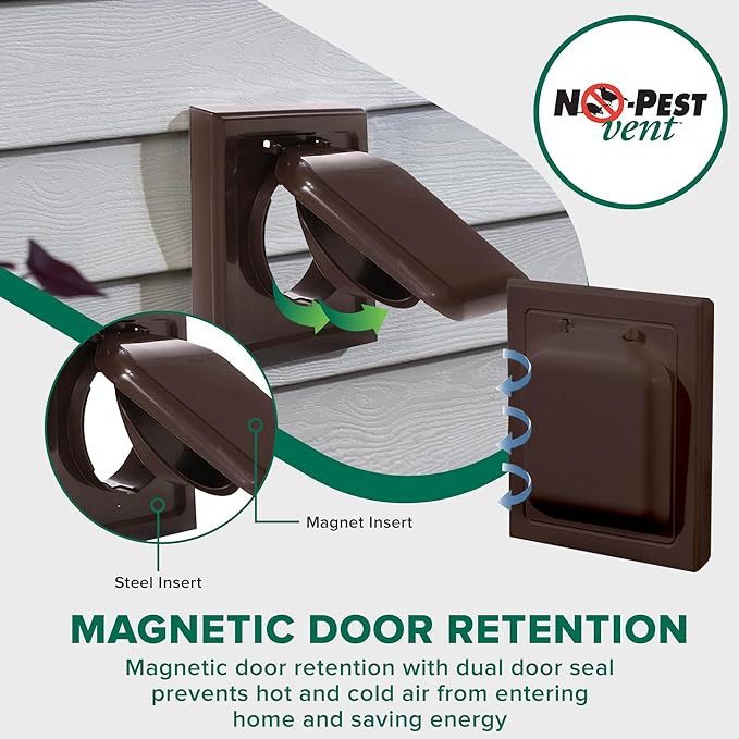NO-PEST VENT MetalGuard, Dual Door Dryer Vent Cover Outdoor 4 Inch, Powder-Coated Heavy Duty Steel, Pest Proof, Rust Resistant, Safe & Efficient Vent Cap (Brown, 4" Steel With Collar)