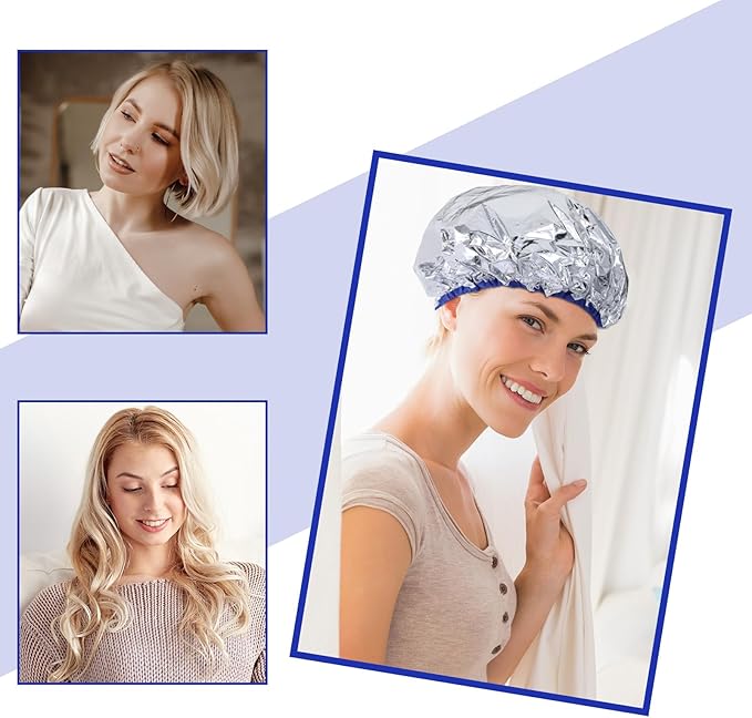 4 Pcs Heat Cap for Deep Conditioning Aluminum Foil Heat Cap Reusable Steam Processing Caps Thickened Shower Caps for Long Hair Dyeing Home Salon White Blue Hot Oil Tools
