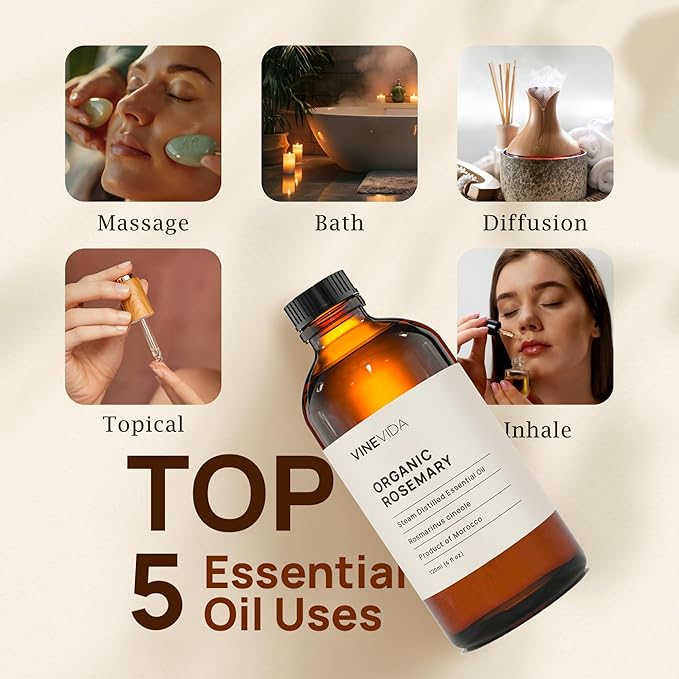 VINEVIDA Organic Rosemary Essential Oil 4 oz - Undiluted Candle Oil Scent for DIY Candlemaking - Bulk Essential Oil for Soap Making