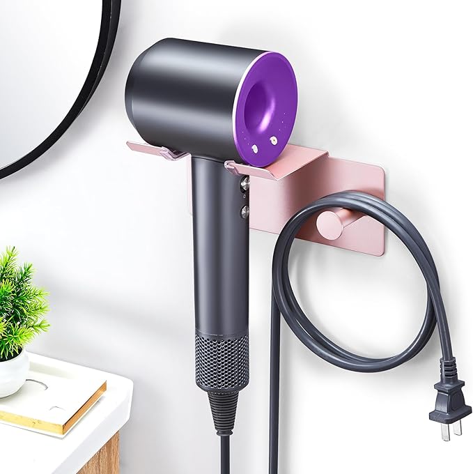 Hair Dryer Holder Wall Mount, Blow Dryer Holder for Wall, Adhesive Hairdryer Holders, Stainless Steel Blowdryer Holders Bathroom Hair Tool Organizer Hair Dryer Hanger Hook with Cord Storage(Rose Gold)