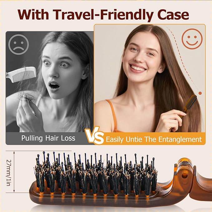 Hair Brushes for Women, Foldable Mini Travel Boar Bristle Small Hair Brush for All Hair Types Travel Size HairBrush, 1-Pack