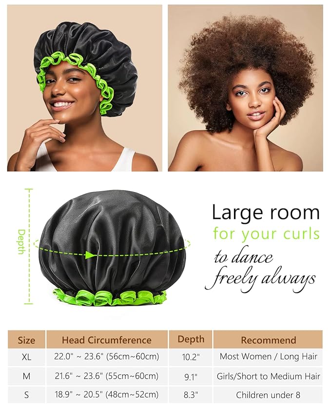 mikimini Black Shower Cap for Women, Men & Girls, 2 Packs Reusable Double Layers Waterproof Bathing Shower Hat with Soft Comfortable PEVA Lining, non-fading, Stretchy Shower Cap