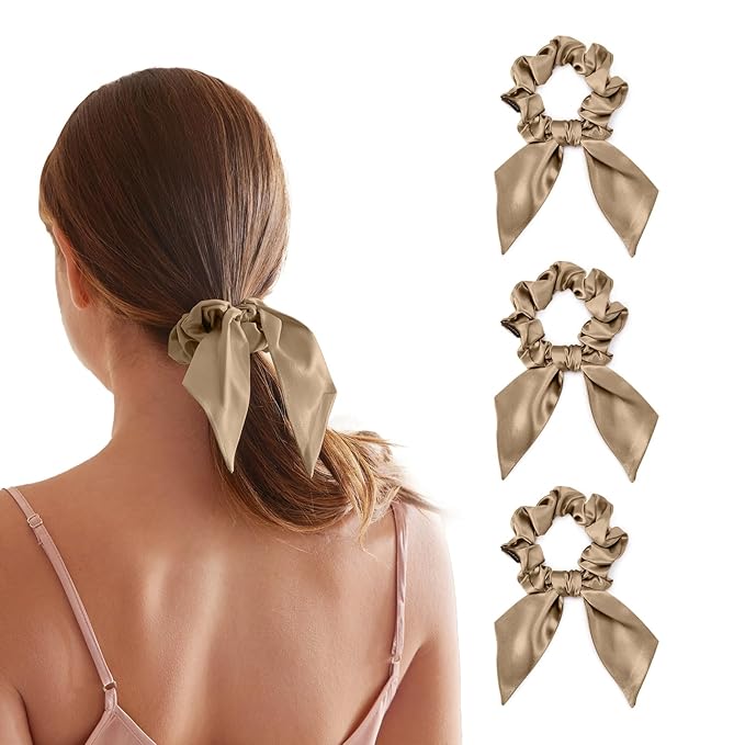 THXSILK 100% Mulberry Silk Bow Scrunchies 3-Pack, 22 Momme Mulberry Silk Hair Ties for Women, Cute Bunny Ear No Damage Ponytail Holders, Fashion Hair Accessories for Girls(M, Taupe)
