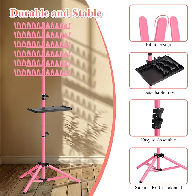 Braiding Hair Rack with Tray, 144 Pegs Height Adjustable Braiding Rack, 2-side Hair Extension Holder Hanger, Hair Stand with Stylist Hair Braiding Tools for Hair Salon Home Traveling (Pink)